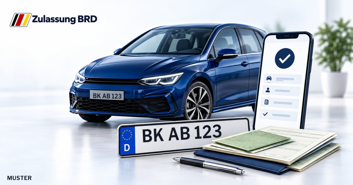 Online Fahrzeugzulassung in Fellbach: Musterkennzeichen BK AB 123, Auto und Fahrzeugpapiere und Smartphone. Illustration mit Logo von Zulassung BRD.